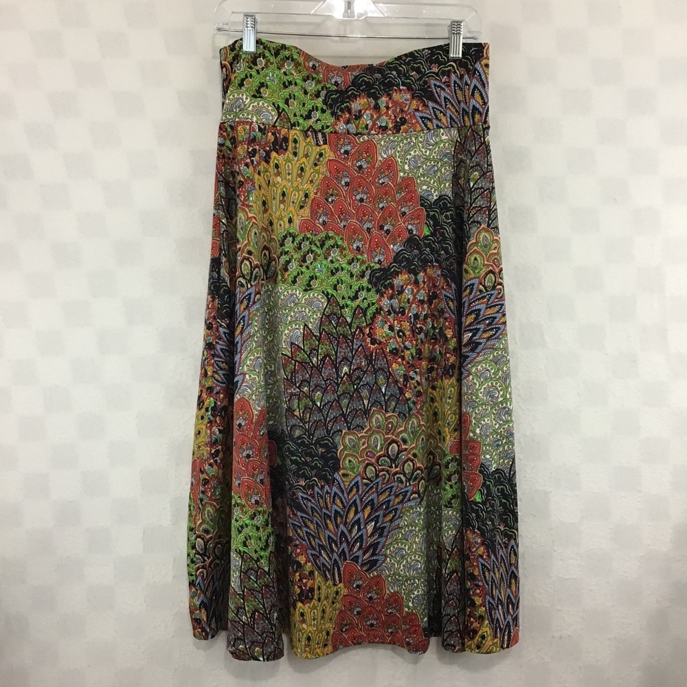 Hypnotized Womens Paisley Feather Print Maxi Skirt Multi Color Boho‎ Stretch L